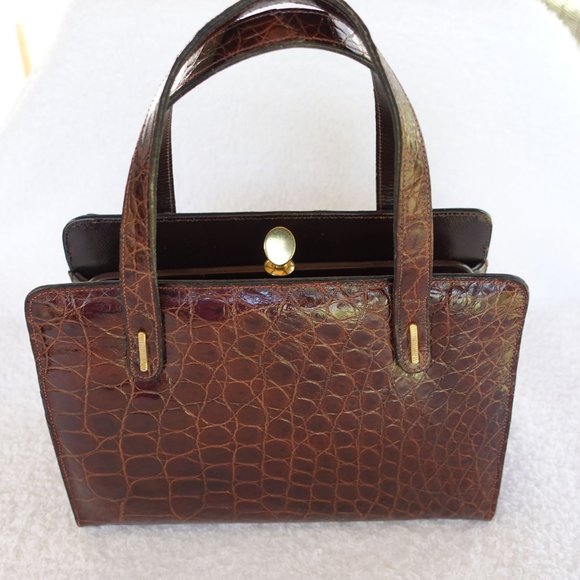 Vintage Crocodile Dual Top Handle Frame Swagger Style  Handbag - Picture 2 of 13